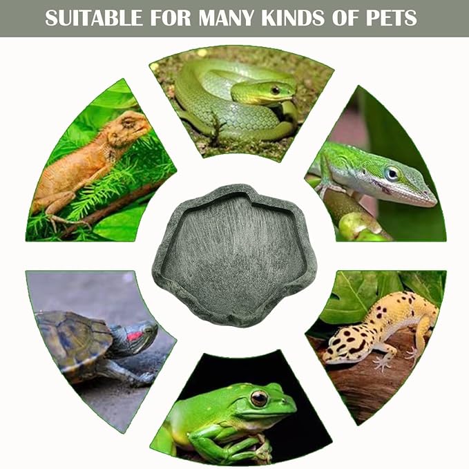 Reptile Water Dish Bowl Resin Rock Reptile Food and Water Feeder Pet Aquarium Ornament Terrarium Plate for Tortoise Lizard (Dark Green Small)