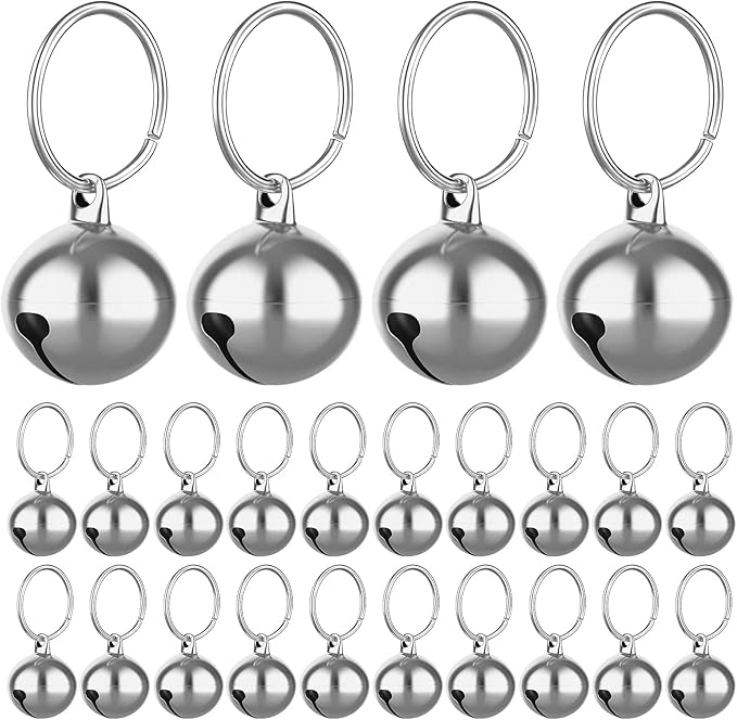 24pcs Cat Bells & Dog Collar Bells with Keyrings, Training Jingle Bell Collar Pendant Pet Accessories Festival Party DIY SMall Bells(Silver)