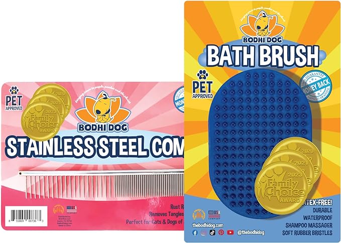 Bodhi Dog Shampoo Brush | Pet Shower & Bath Supplies for Cats & Dogs | Dog Grooming Bath Brush For Long & Short Hair Dog Scrubber | Professional Quality Dog Wash Brush (Stainless Comb Bundle, Blue)