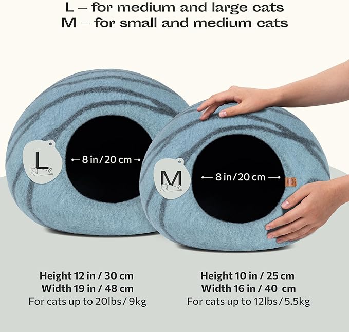 MEOWFIA Premium Felt Cat Bed Cave - Handmade 100% Merino Wool Bed for Cats and Kittens (Light Shades) (Large, Aquamarine)
