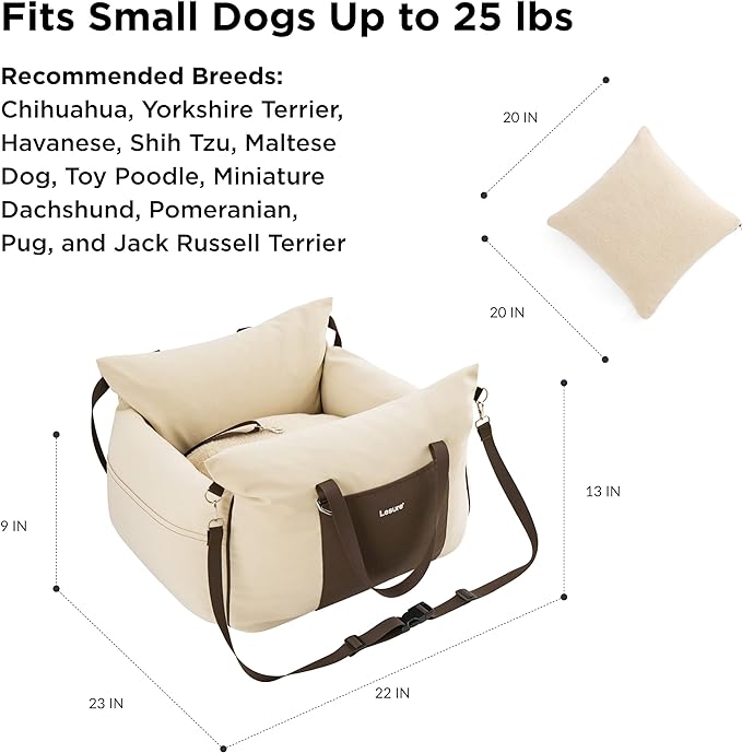 Lesure Small Dog Car Seat for Small Dogs - Waterproof Dog Booster Seat for Car with Storage Pockets, Clip-On Safety Leash and Thickened Memory Foam Filling, Pet Carseat Puppy Travel Carrier Bed, Beige