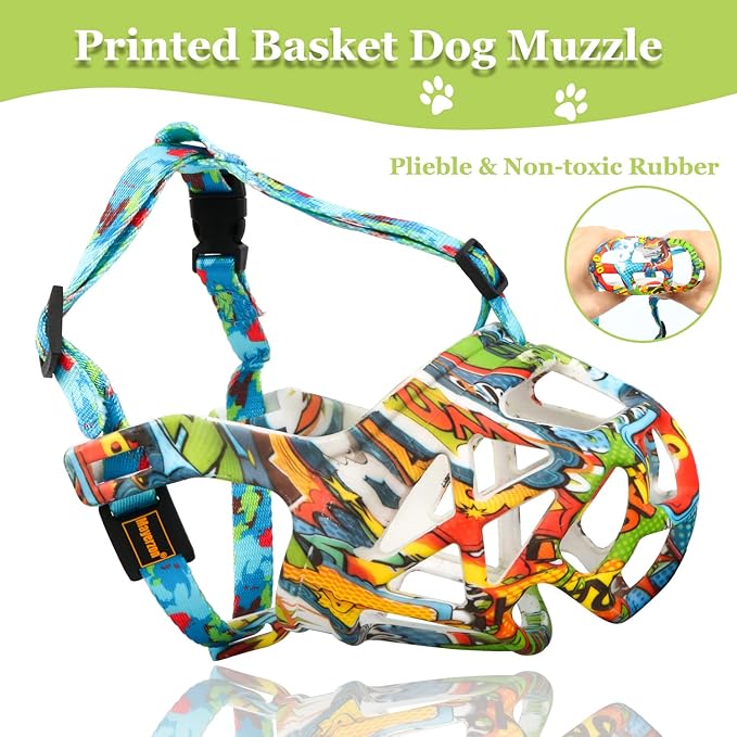 Dog Muzzle, Printed Basket Muzzle for Small Medium Large Dogs Dachshund, Beagle, German Shepherd, Breathable Pet Muzzles to Prevent Biting Chewing Scavenging, Allows Panting and Drinking