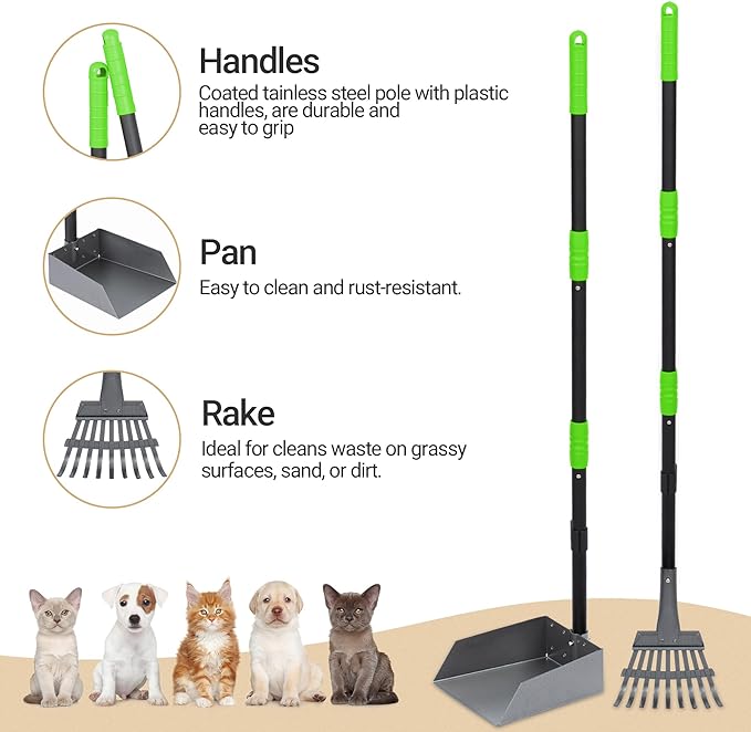 Heeyoo Dog Pooper Scooper, Dog Poop Tray and Rake Set, Pet Waste Removal Scoop with Long Adjustable Sectional Stainless Handles