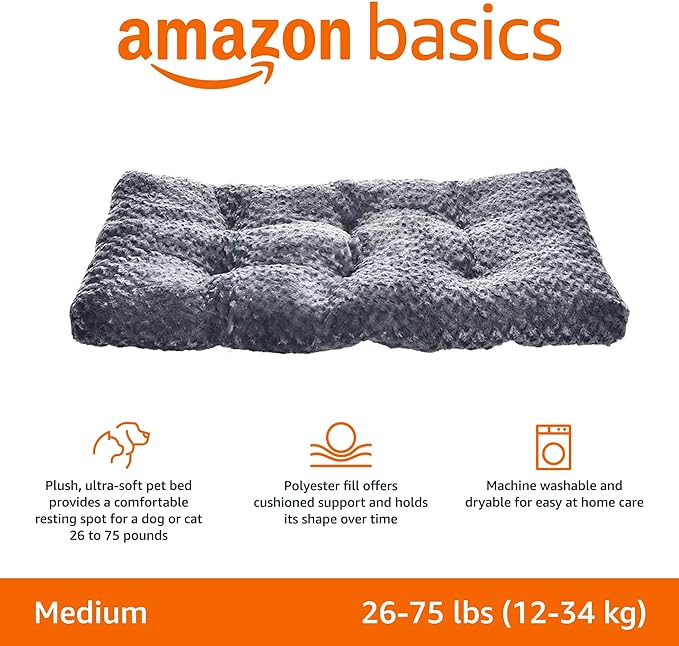 Amazon Basics Machine Washable Plush Pet Bed and Dog Crate Pad, Medium, 35 x 23 x 3 Inches, Gray