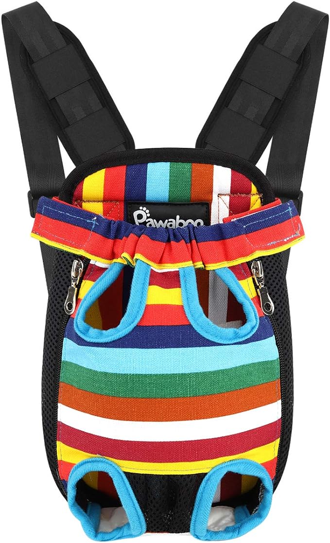 Pawaboo Pet Carrier Backpack, Adjustable Pet Front Cat Dog Carrier Backpack Travel Bag, Legs Out, Easy-Fit for Traveling Hiking Camping for Small Medium Dogs Cats Puppies, Medium, Colorful Strips