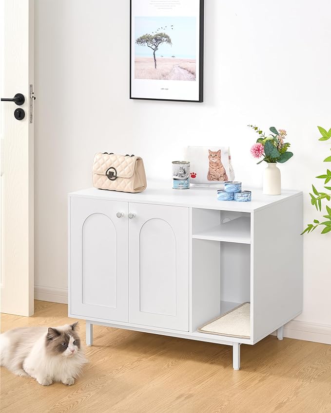 Cat Litter Box Enclosure, Hidden Litter Box Furniture, Wooden Pet House Side End Table, Storage Cabinet Bench for Living Room, Bedroom, 31.5 x 19.7 x 23.9 inches, White CB01513W