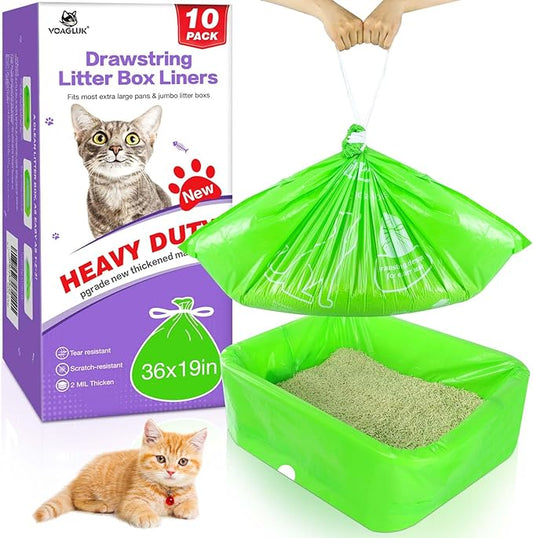 Jumbo Cat Litter Box Liners Extra-Thick 2MIL Heavy Duty Cat Litter Liner Bags 36" x 19" Drawstring Kitty Litter Pan Liners 10 Count