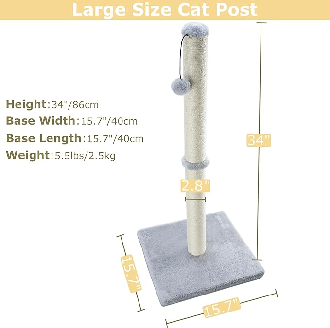 34“ Tall Cat Scratching Post Large Vertical Scratcher for Indoor Cats and Kittens, Sturdy Cat Scratch Pole with Sisal Rope and Hanging Interactive Ball, Big Heavy Base Covered with Soft Plush (Grey)