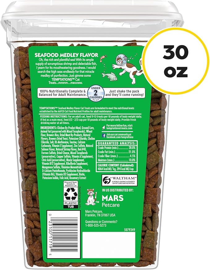 TEMPTATIONS Classic Crunchy and Soft Cat Treats, SEAFOOD MEDLEY, Multiple Sizes