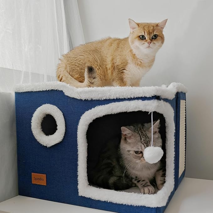 Large Cat Cave Bed for Indoor Cats, Cats Cube House with Scratch Pad Cat Condo Hideaway Tente Hut with Washable Sherpa Warm Soft Cat Mat, Cute Cat Beds Furniture, Modern Dog Bed,Navy