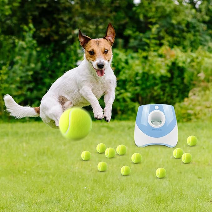 Ball Launcher for Dogs, Automatic Dog Ball Launcher with 12 Tennis Ball, Interactive Dog Toys Pet Ball Indoor Outdoor Thrower Machine (Blue Automatic Tennis Ball)