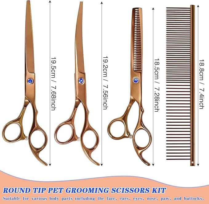 Dog Grooming Scissors, Maxshop Premium Stainless Steel Pet Grooming Trimmer Kit, Professional Thinning Shears, Curved Scissors with Comb for Dogs and Cats (Gold Set of 4)