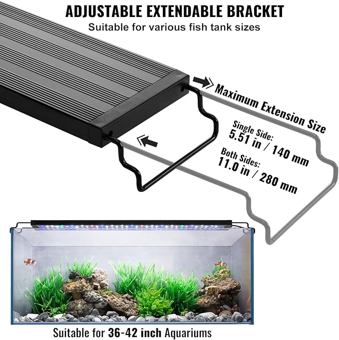 VEVOR Aquarium Light, 26W Full Spectrum Fish Tank Light with 5 Levels Adjustable Brightness, Adjustable Timer and Power-Off Memory, with ABS Shell Extendable Brackets for 36"-42" Freshwater Fish Tank