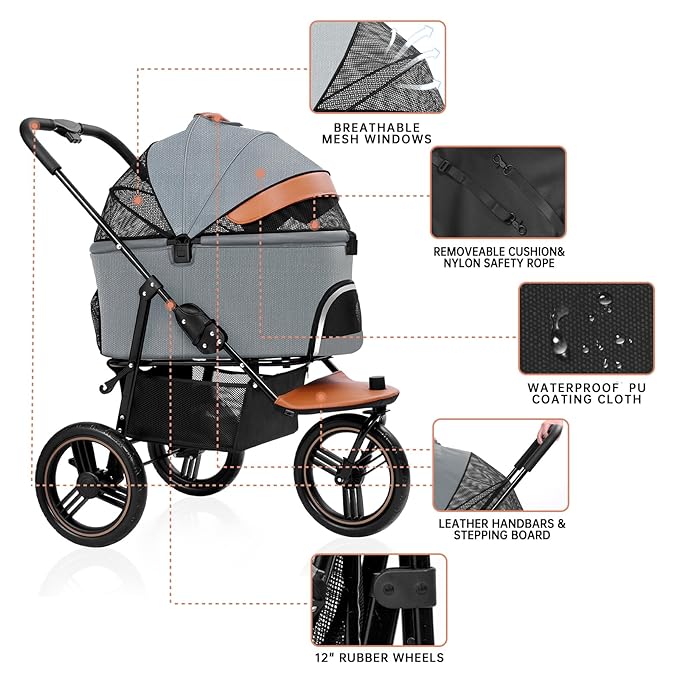 Dog Stroller for Medium Small Dogs, 3 in1 Pet Stroller Zipperless Dog Cat Jogger Stroller 3 Wheels with Detachable Dog Carriage, Storage Basket and One-Button Folding Frame for Pets Walk-Gray