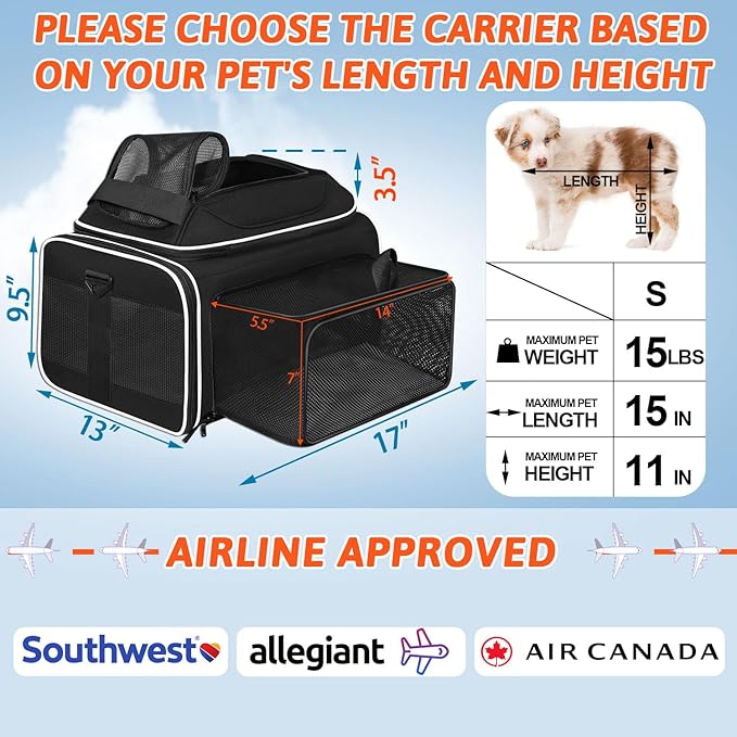 Top and Side Expandable Pet Carrier 17x13x9.5 Inches Southwest Allegiant Airline Approved, Soft-Sided Carrier for Small Cats and Dogs with Locking Safety Zippers and Anti-Scratch Mesh(Black)