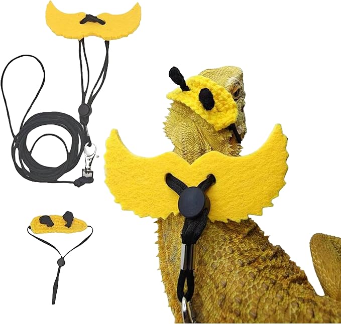 Adjustable Bearded Dragon Harness with Wings and Bee Hat Set, Lizard Leash Cute Hats for Small Reptiles Geckos Hamster, Bearded Dragon Stuff, Leopard Gecko Accessories (Head Cover+Traction Rope)