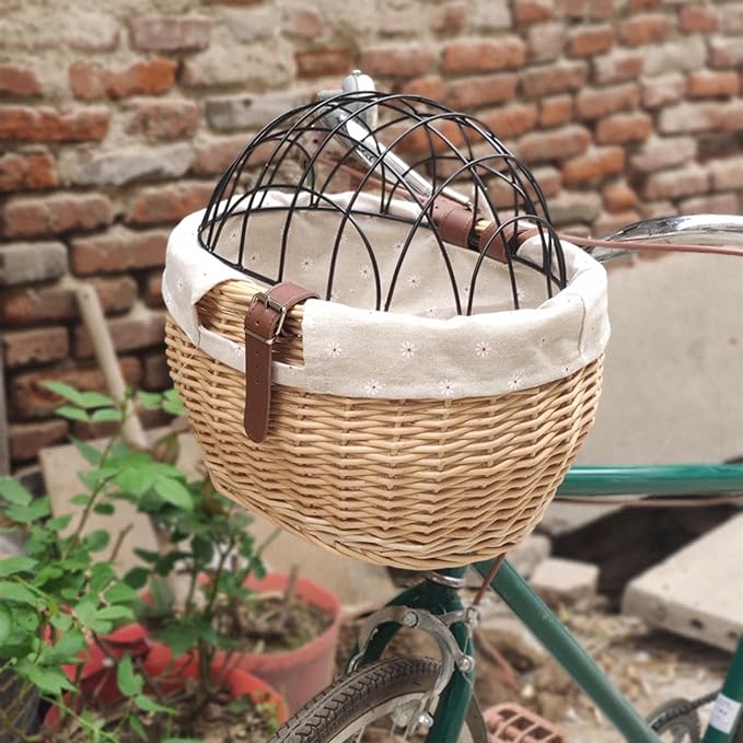 Bike Pet Carrier, Bike Basket for Small Dogs Cats Pet Carrier Front Basket with Wire Mesh Cover (Wood Color)