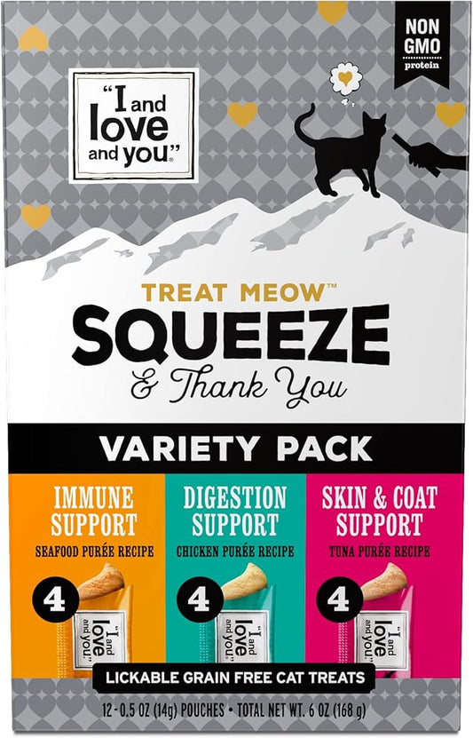 I AND LOVE AND YOU Treat Meow Lickable Cat Treat Variety Pack - Chicken, Tuna, and Seafood Puree - Squeeze Treat, 0.5oz, 4ct