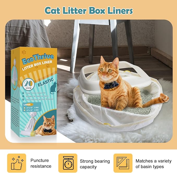 20 Count Cat Litter Liners Large, Drawstring Extra Large Pet Cat Pan Liners Extra-Thick Kitty Litter Box Bag- (large 37" x 18")