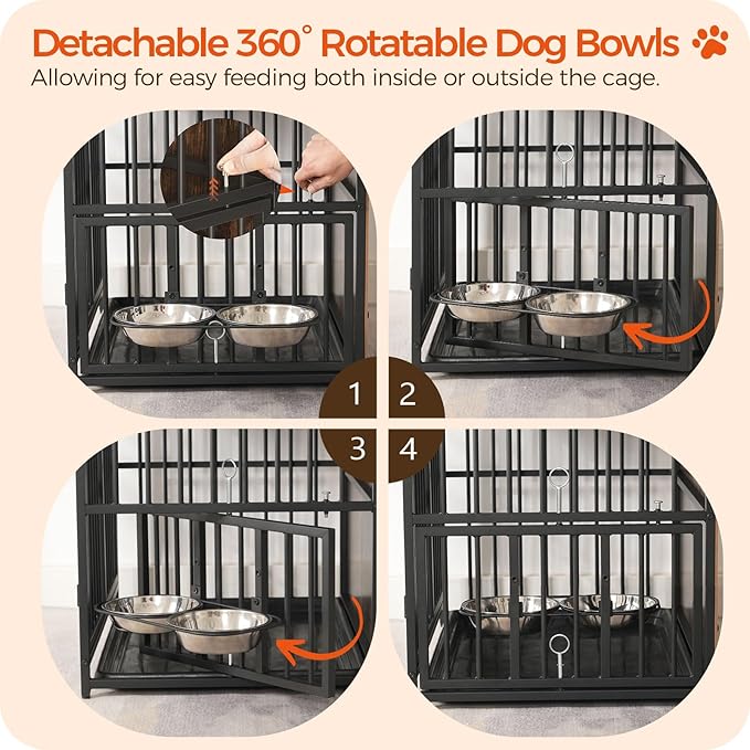 Large Dog Crate Furniture, 38.6" Heavy Duty Dog Kennel with Bowls & Storage Shelf, Wooden Dog Cage End Side Table for Small/Medium/Large Dogs, Chew-Resistant, Rustic Brown DCHR10901