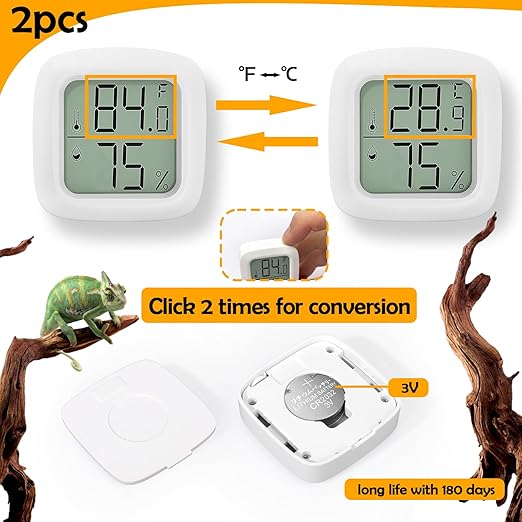 2 PCS Reptile Thermometer and Humidity Gauge for Reptile Tank with On-Off, Reptile Tank Accessories for Jumping Spider, Leopard Gecko, Hermit Crab, Gecko, Ball Python, Lizard
