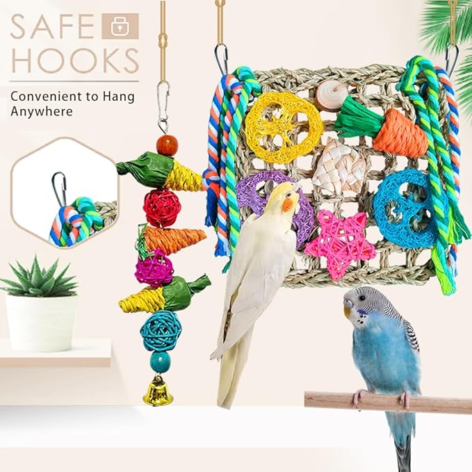 4 Pcs Parrot Toys, Foraging Shredding Seagrass Wall for Birds, Seagrass Woven Climbing Hammock Mat with Colorful Chewing Toys for Lovebirds, Parakeets, Budgerigars, Conure, Cockatiel