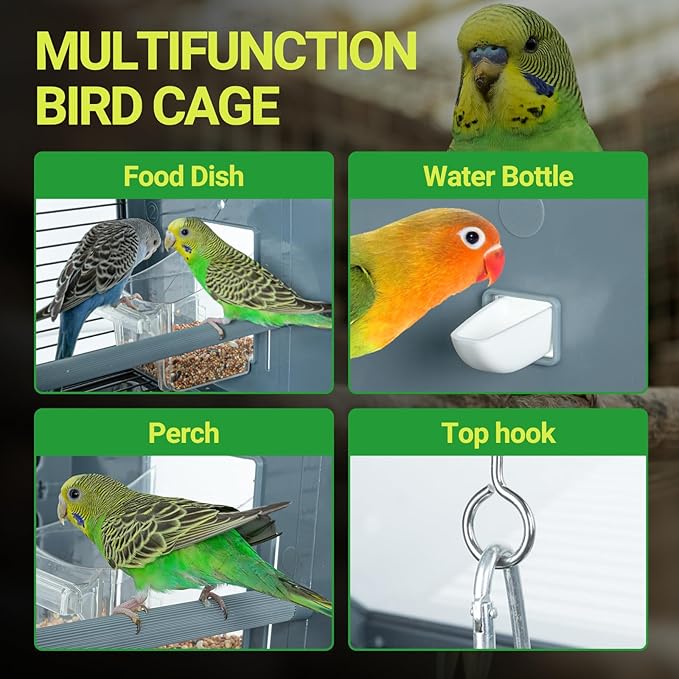 Acrylic Bird Cage, 25 inch Medium Parrot Cage for Parakeet Cockatiel Conure Lovebird, Panoramic View Bird Cage with Water Bottle Bird Feeder Perch Rolling Stand