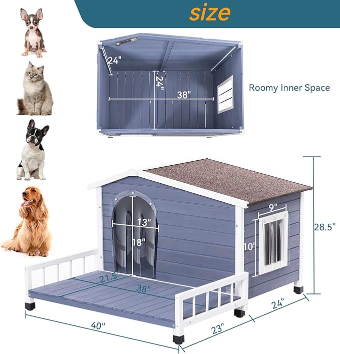 Petsfit Dog House Outdoor with Terrace & Openable Asphalt Roof, 40" L x 47" W x 28.5" H, Outside Dog House with Elevated Floor, Dog House for Small Medium Dogs