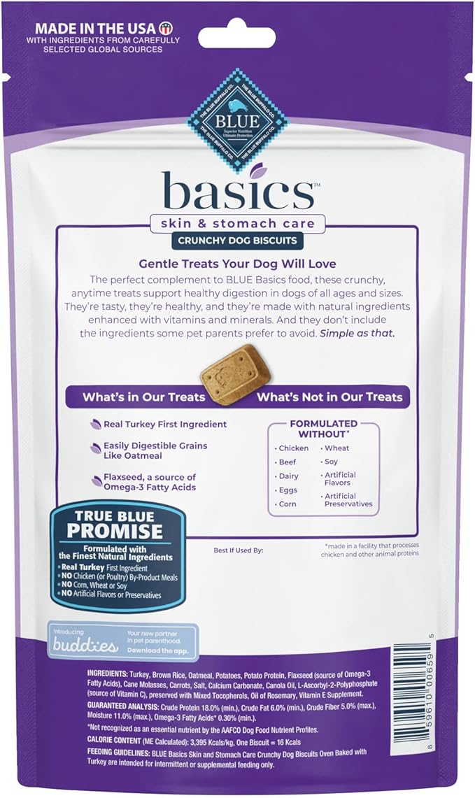 Blue Buffalo Basics Skin & Stomach Care Biscuits Crunchy Dog Treats, Turkey & Potato 6-oz Bag