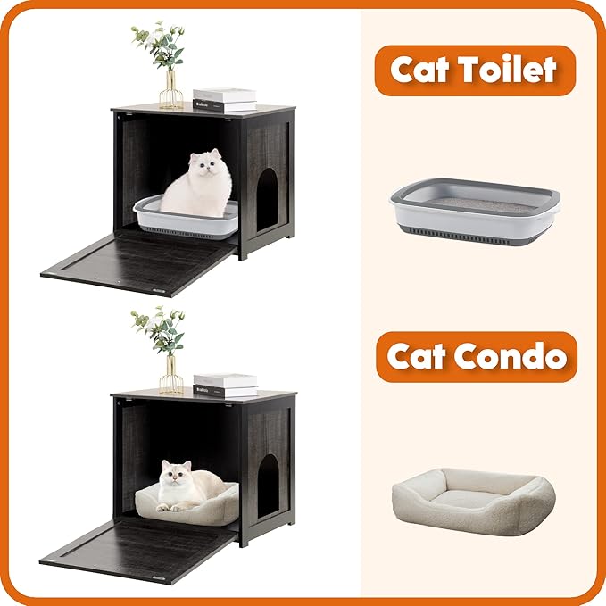 Dwanton Cat Litter Box Furniture Hidden, Cat Litter Box Enclosure, Reversible Entrance Can Be on Left or Right Side, Indoor Cat Box Cabinet, Wooden Cat Washroom, End Table, Nightstand, Dark Gray