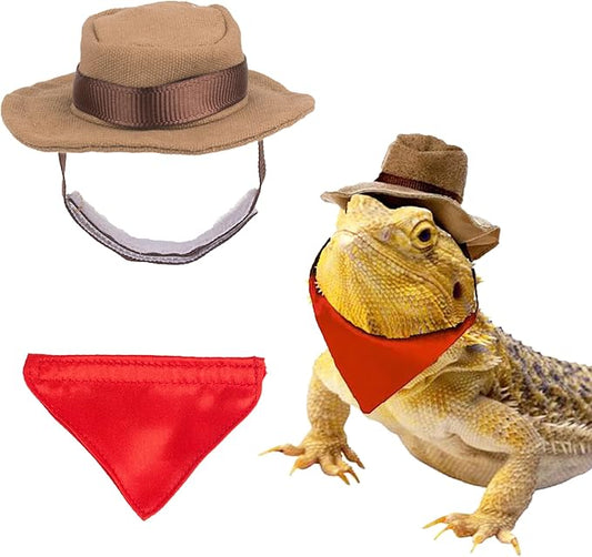 ADOGGYGO Bearded Dragon Cowboy Hat Bandana Set, Halloween Lizard Cowboy Costume Bearded Dragon Accessories Small Animal Reptile Cosplay Outfits (Cowboy Brown)