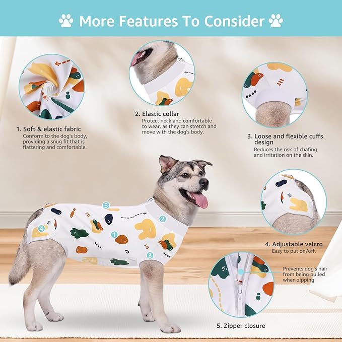 Recovery Suit for Dogs, Dog Surgery Recovery Suit with Zipper Closure Post Spay, Neuter, Abdominal Surgical Suit for Male Female Dogs Can Pee, Prevent Licking Dog Onesies, White Bear, XL
