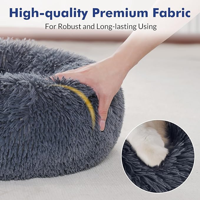 rabbitgoo Cat Beds for Indoor Cats, 20 inches Cat Bed Machine Washable, Fluffy Round Pet Bed Non-Slip, Calming Soft Plush Donut Cuddler Cushion Self Warming for Small Dogs Kittens, Dark Grey, Medium