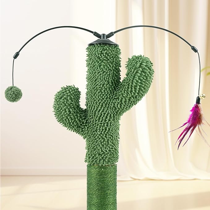 23.6" Cat Scratching Post, Cactus Cat Scratcher with Natural Sisal Rope for Indoor Cats, Claw Scratcher Green Cat Tree with Dangling Balls and Feather for Small Cats Kittens