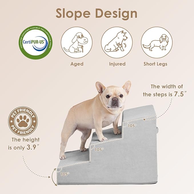 EHEYCIGA Dog Stairs for Small Dogs 15.7" H, 3-Step Dog Steps for Small Dogs and Cats, Slope Pet Steps with Non-Slip Bottom, Light Grey