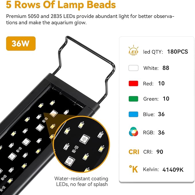 hygger 36W 24/7 Lighting Aquarium LED Light, Sunrise-Daylight-Moonlight and DIY Mode, Adjustable Timer/Brightness/Color Full Spectrum Aquarium Light with Extendable Bracket for 36-42 Inch Fish Tank