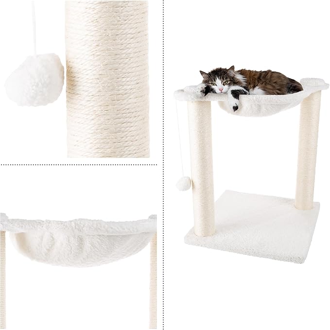 19-Inch Cat Scratching Post with Hammock ? Sisal Fabric and Carpet Small Cat Tree, Hanging Ball Toy for Adult Cats and Kittens by PETMAKER (White)