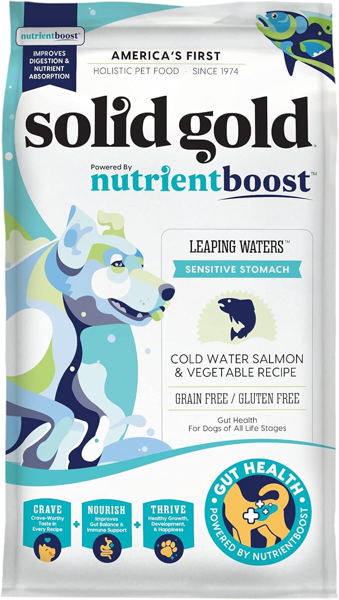 Solid Gold Nutrientboost Leaping Waters - Dry Dog Food for Sensitive Stomach - w/Salmon & Vegetables - Digestive Probiotics for Gut Health - Superfood & Antioxidant Support for Dogs - 22 LB Bag