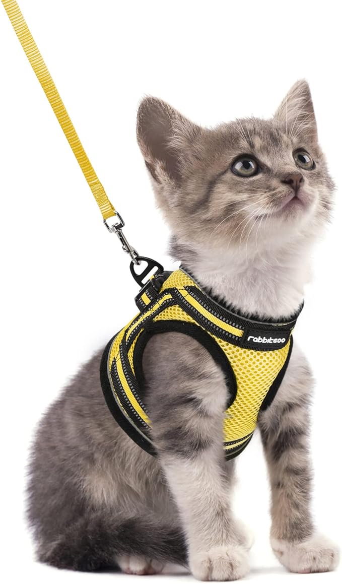 rabbitgoo Cat Harness and Leash Set for Walking Escape Proof, Adjustable Soft Kittens Vest with Reflective Strip for Cats, Comfortable Outdoor Vest, Bright Yellow, S