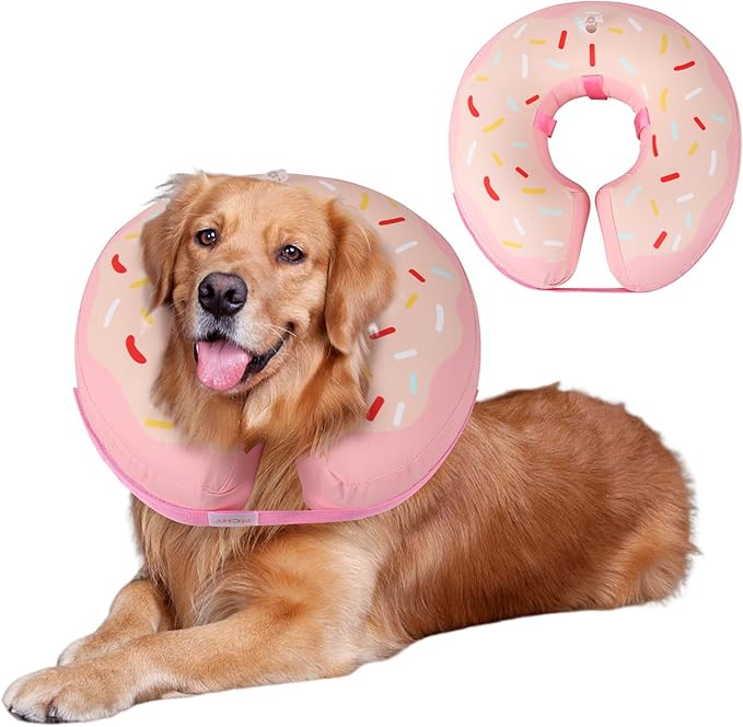 Waterproof Inflatable Dog Cone,Adjustable Recovery Collar for Dogs After Surgery,Prevent from Biting & Scratching,Not Block Vision (Donut Pink L)