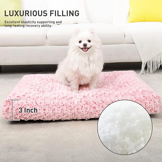 KSIIA Washable Dog Bed Deluxe Plush Dog Crate Beds Fulffy Comfy Kennel Pad Anti-Slip Pet Sleeping Mat for Large, Jumbo, Medium, Small Dogs Breeds, 23" x 18", Pink