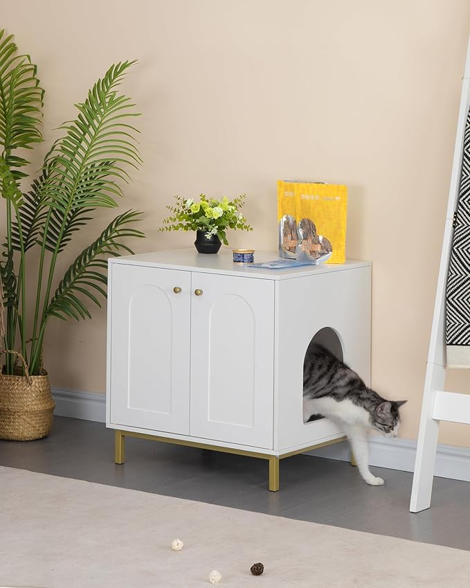 Cat Litter Box Enclosure, Hidden Litter Box Furniture, Wooden Pet House Side End Table, Storage Cabinet Bench, Fit Most Cat and Litter Box, Living Room, Bedroom, White and Gold CB81203G