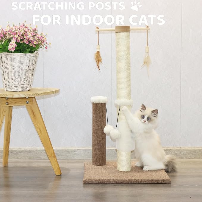 Cat Scratching Post 30in Tall Sisal Carpet Vertical Scratch Posts for Indoor Cats and Kittens,with Hanging Ball and Bursh Beige