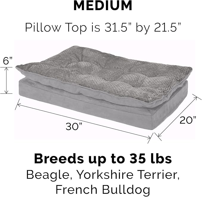 Furhaven Orthopedic Dog Bed for Medium/Small Dogs w/ Pillow Cushion Top & Removable Washable Cover, For Dogs Up to 35 lbs - Minky Plush & Suede Pillow Top Mattress - Titanium Gray, Medium