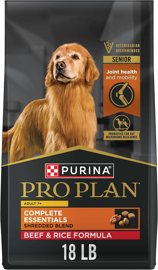 Purina Pro Plan Adult 7 Plus Complete Essentials Shredded Blend Beef and Rice Formula High Protein Dog Food for Senior Dogs - 18 lb. Bag