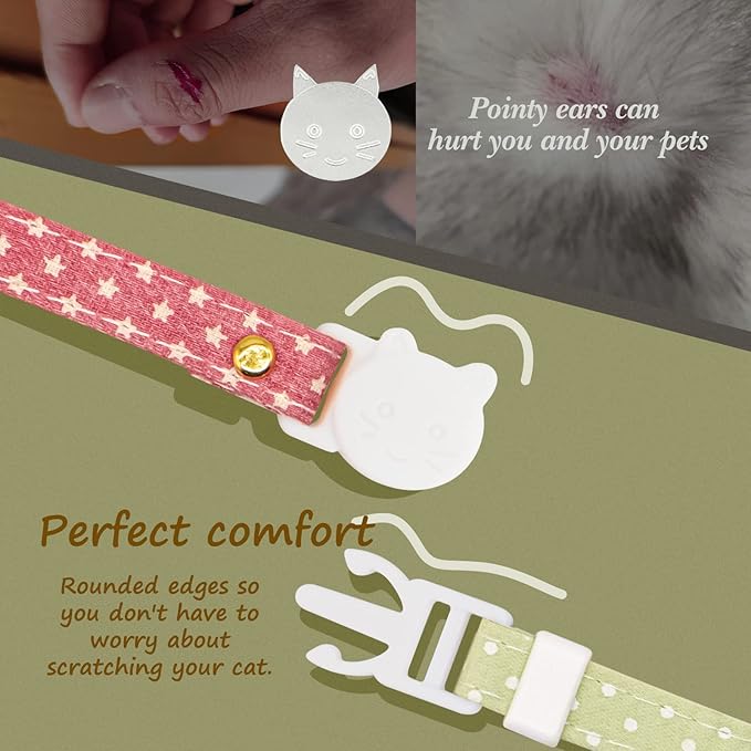 2 Pack Cotton Breakaway Cat Collar with Bell,Pink & Green Cat Paw Pendant Cute Cat Collar Kitten Collar,Ideal for Girl Cats Boy Cats