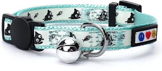 Pawtitas Glow in The Dark Cat Collar with Safety Buckle and Removable Bell Cat Collar Kitten Collar Teal Cat Collar