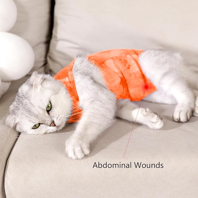 Cat Recovery Suit for Male and Female Surgical Post Surgery Soft Cone Onesie Tie Dye Cats Shirt Clothes Neuter Licking Protective Diapers Outfit Cover Kitten Spay Collar Alternative(Orange, L)