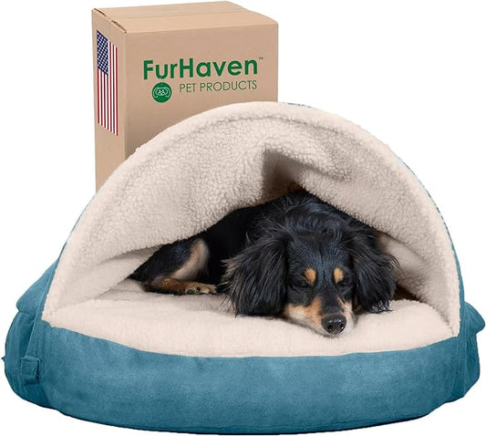 Furhaven 26" Round Cooling Gel Dog Bed for Medium/Small Dogs w/ Removable Washable Cover, For Dogs Up to 30 lbs - Sherpa & Suede Snuggery - Blue, 26-inch