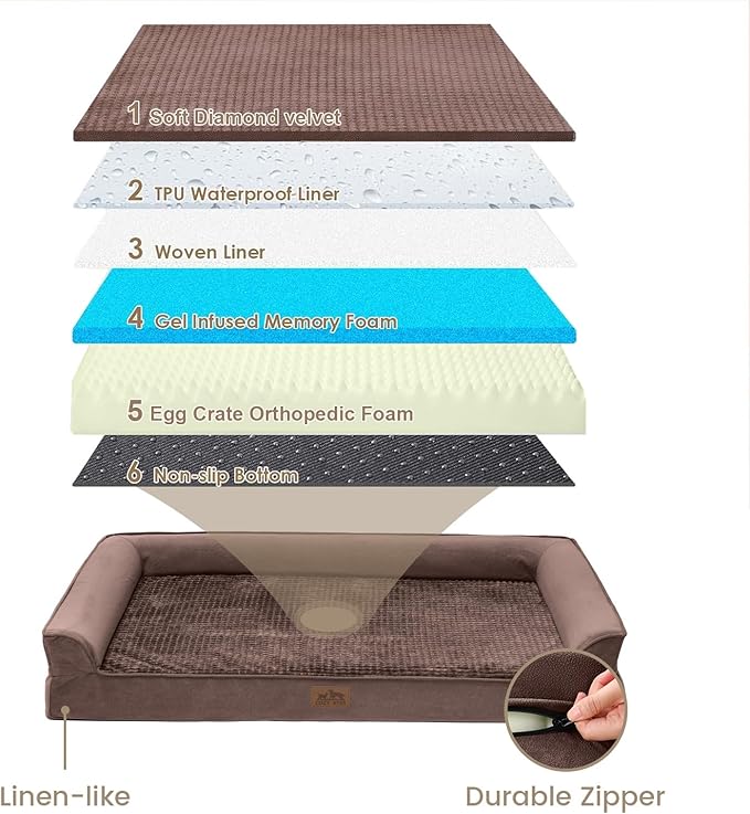 Orthopedic Dog Beds for Extra Large Dogs, Waterproof Memory Foam XXL Dog Bed with Sides, Non-Slip Bottom and Egg-Crate Foam Big Dog Couch Bed with Washable Removable Cover, Brown (U-Shaped)